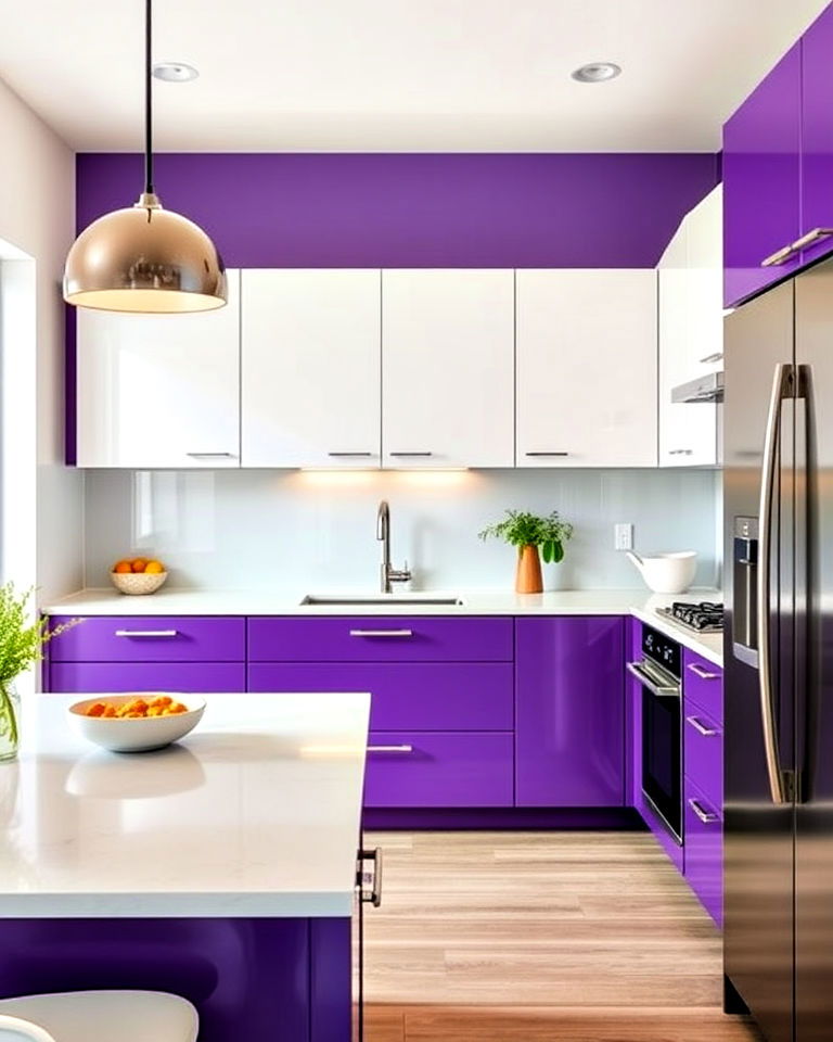 two toned purple and white kitchen cabinets