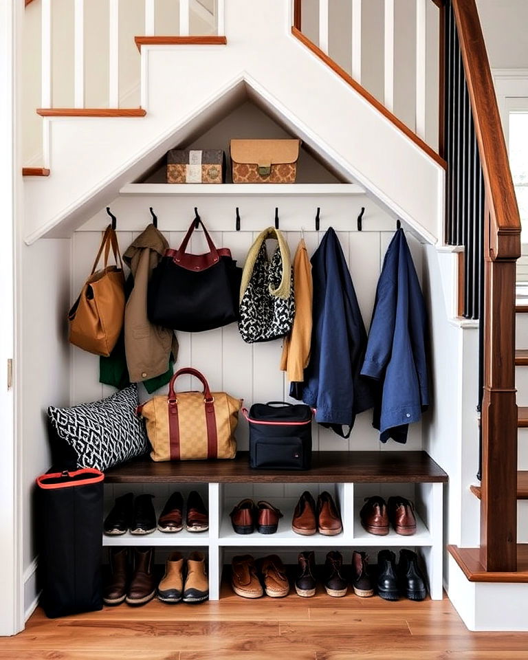 under the stairs mini mudroom
