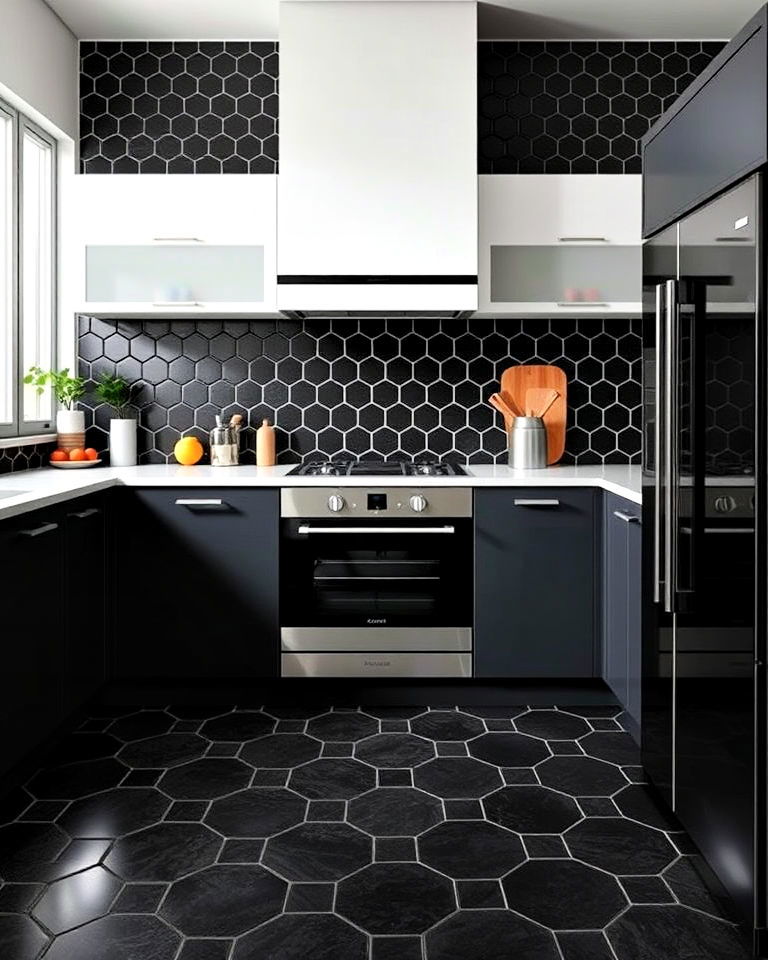 unique black hexagonal tiled kitchen floor