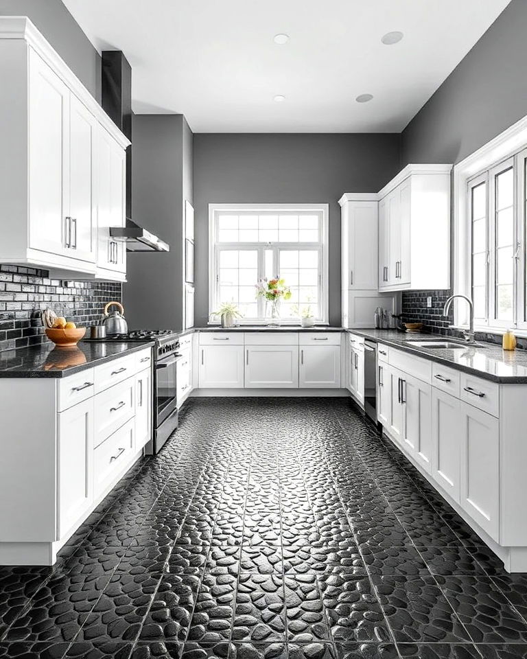 unique black pebble tiled kitchen flooring