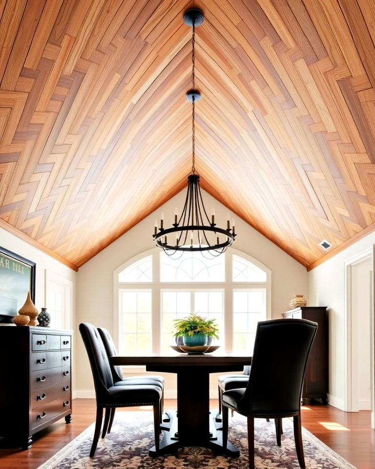 unique chevron wood pattern vaulted ceiling