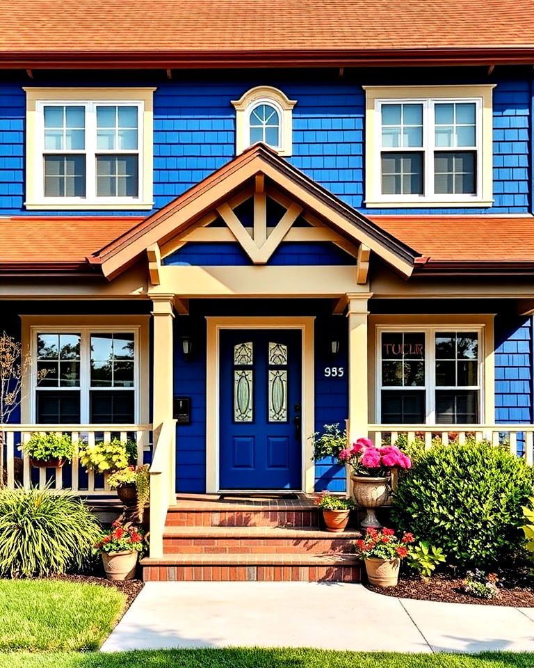 unique cobalt blue siding with a warm chestnut roof
