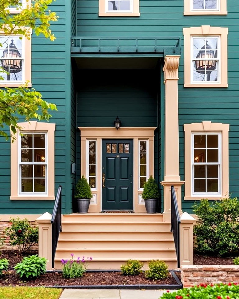 unique dark teal green exterior with beige trim