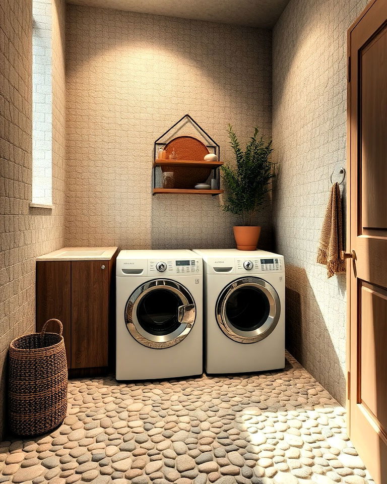 unique laundry room pebble stone flooring