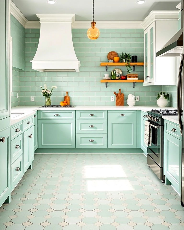 unique seafoam green tile floor for kitchen
