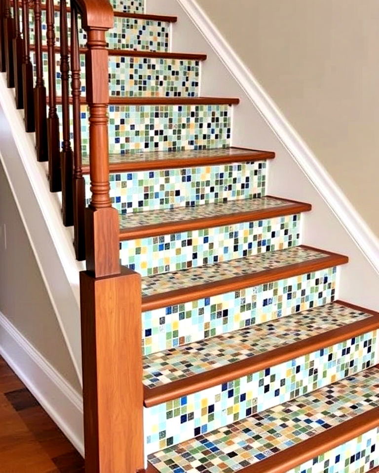 unique stair risers with colorful mosaic tiles