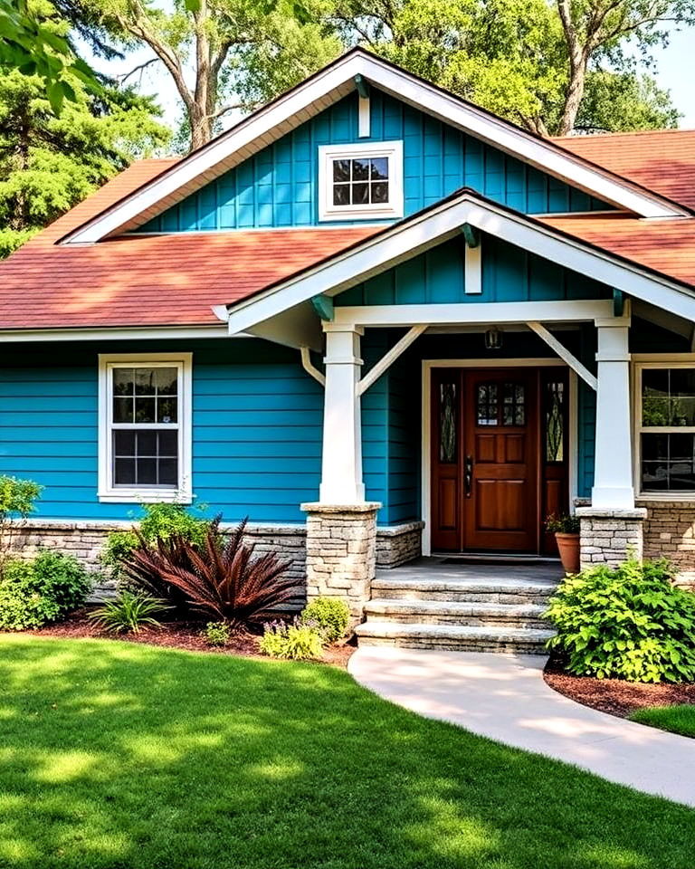 unique teal blue with a burnt brown roof