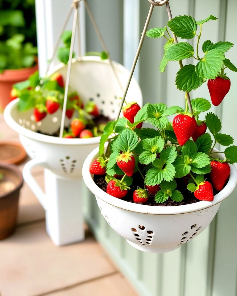 upcycled colander strawberry planter