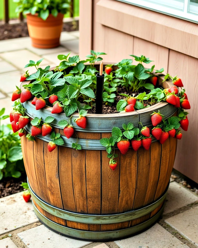 upcycled wine barrel strawberry planter