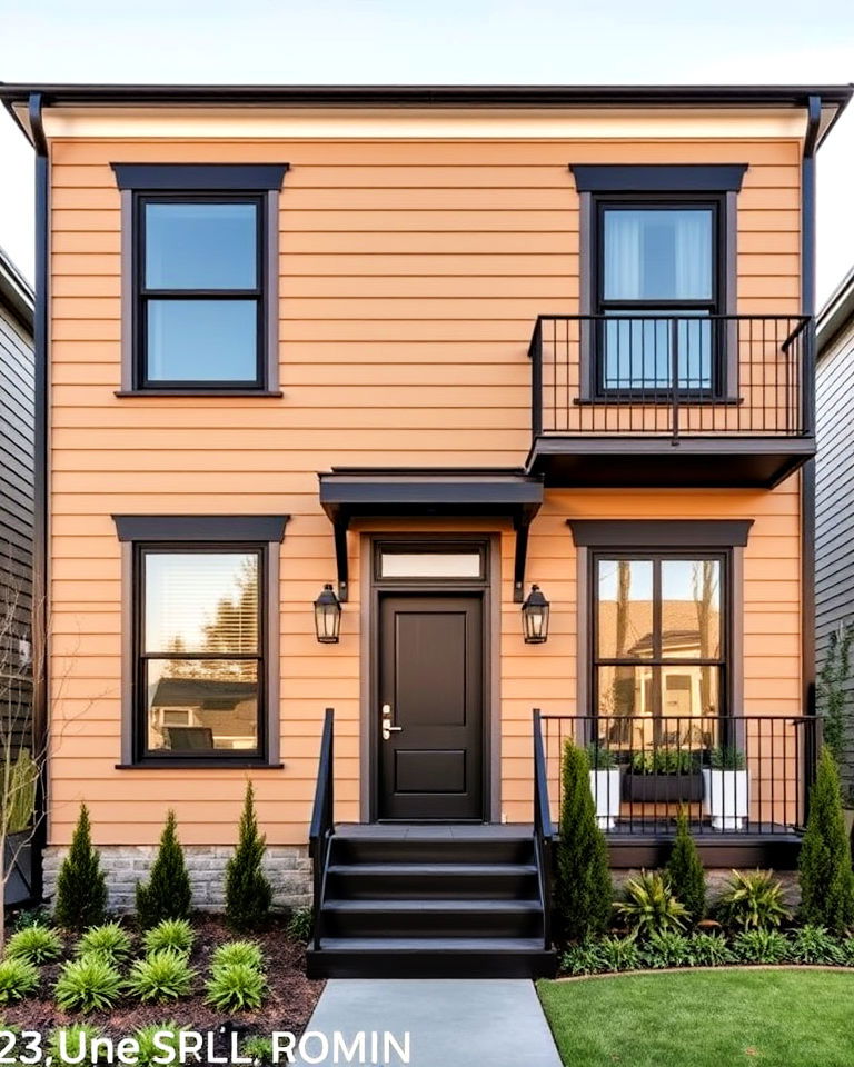 urban loft tan house with black trim