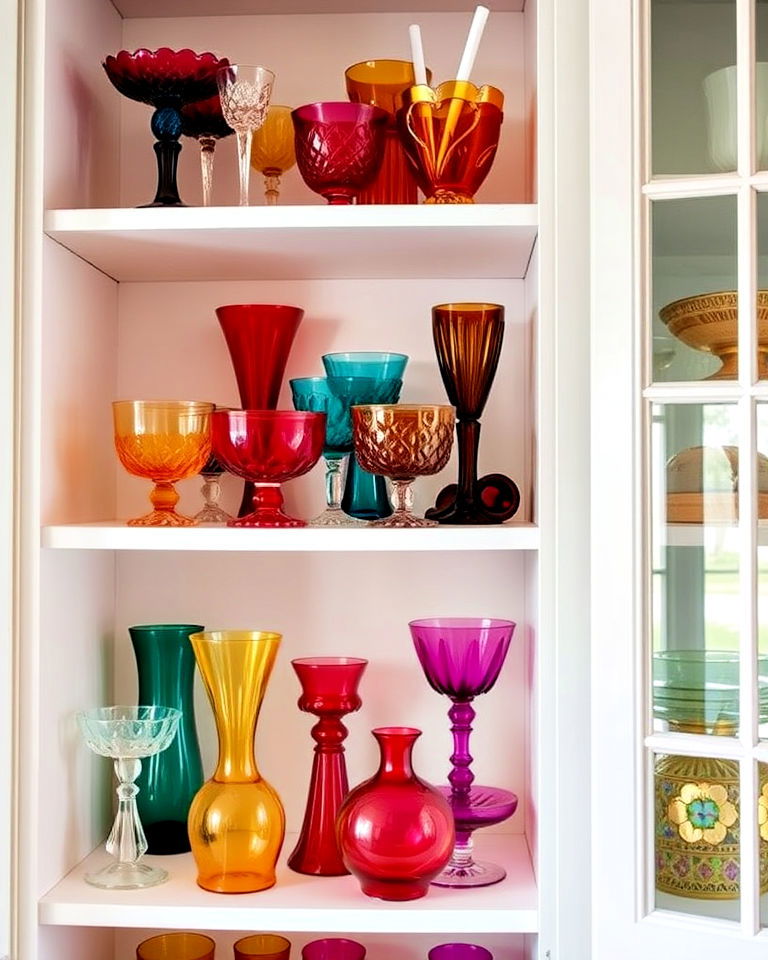use colorful glassware as decor