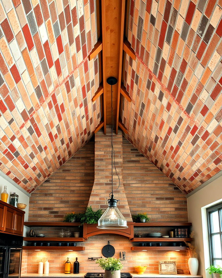 vaulted ceiling with brick or stone accents