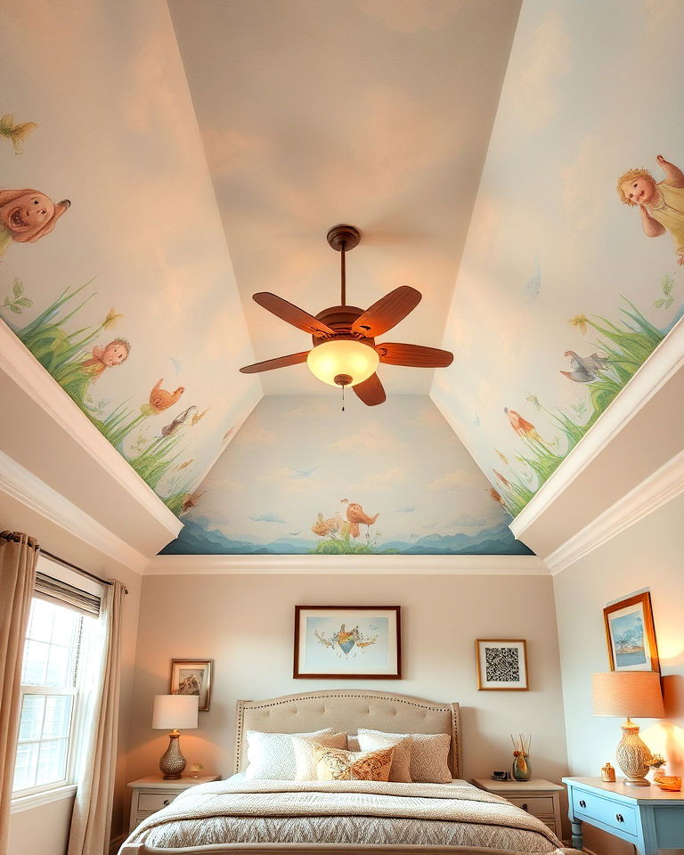vaulted ceiling with custom artwork for personality