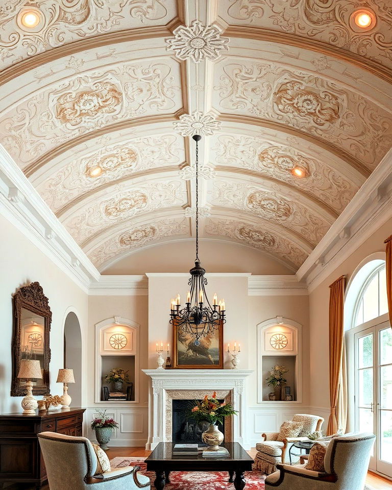 vaulted ceiling with decorative plaster for texture