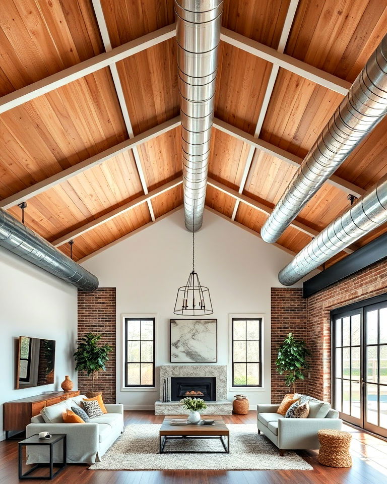 vaulted ceiling with exposed ductwork