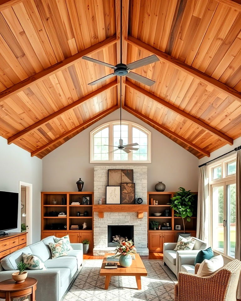 vaulted ceiling with natural wood panels