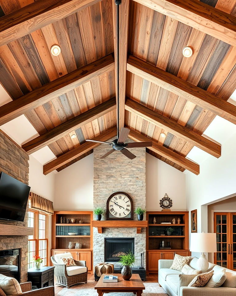 vaulted ceiling with reclaimed wood beams