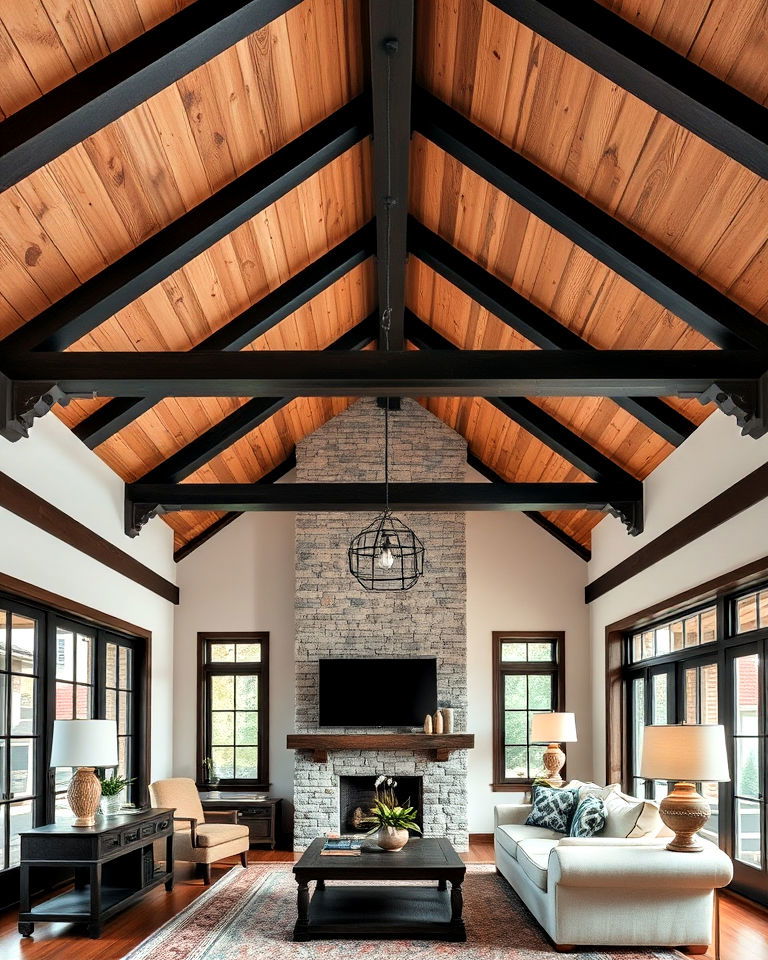 vaulted ceiling with wood planks and dark beams