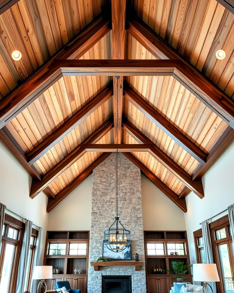 vaulted ceiling with wooden cross beams