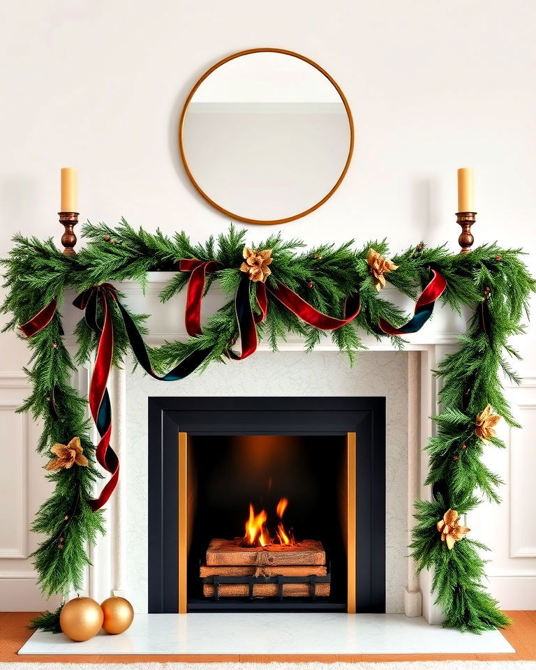 velvet ribbon garland with greenery