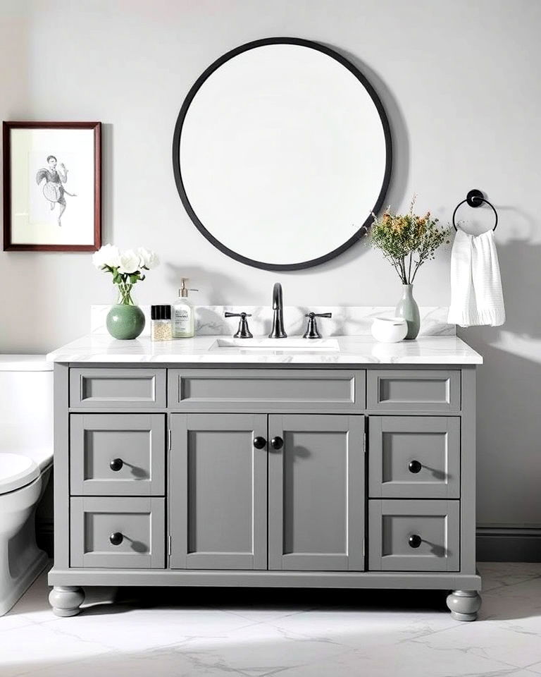 versatile gray vanity with marble countertop