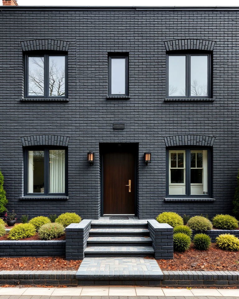 vertical bricklaying patterns into a black brick exterior