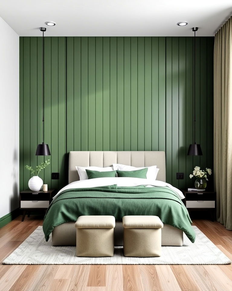 vertical green paneling bedroom for height