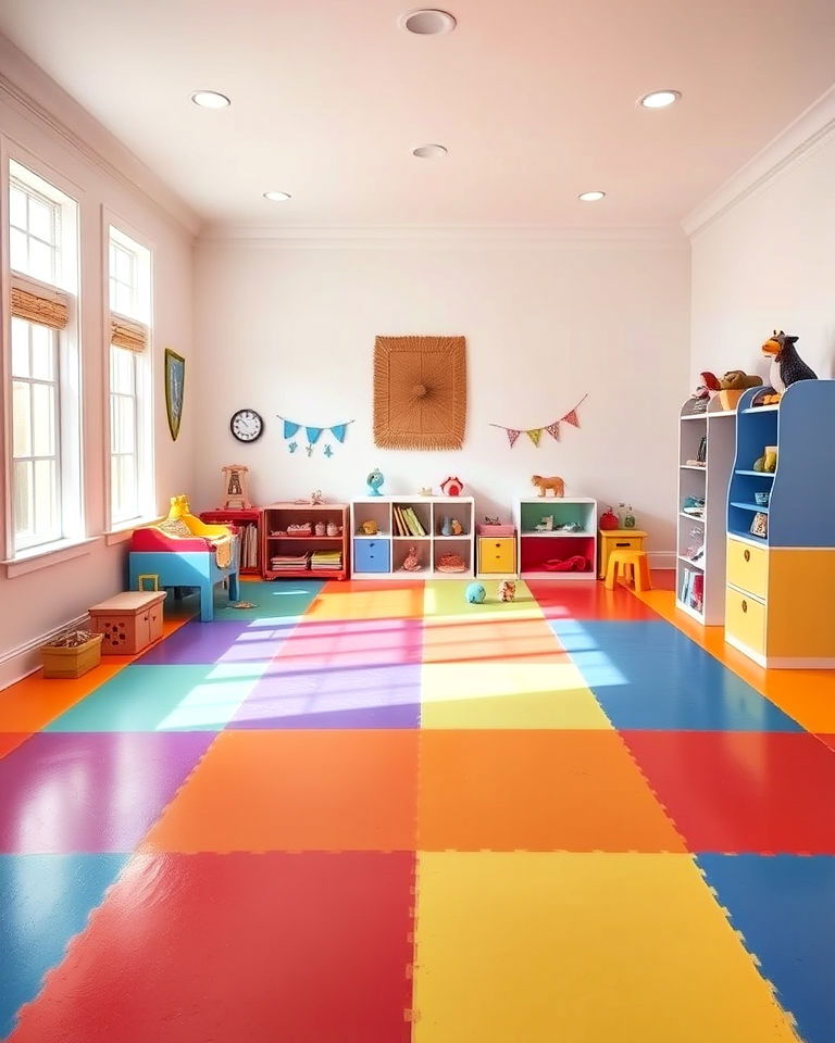 vibrant color blocking floor for playroom