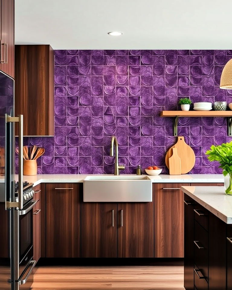 vibrant grape colored tile kitchen backsplash