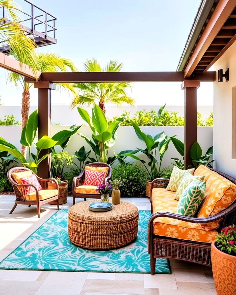 vibrant outdoor seating area rug and pillows