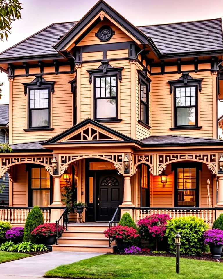 victorian inspired tan siding and black trim