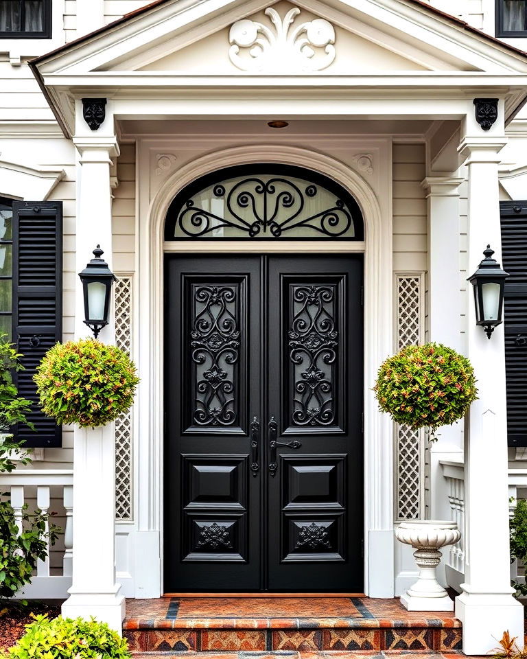 victorian style white house with ornate black door