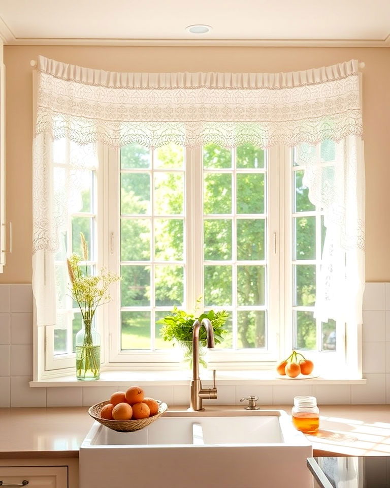 vintage bay window with lace curtains for kitchen