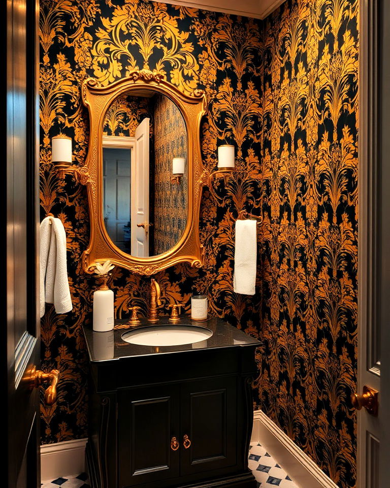 vintage black and gold powder room