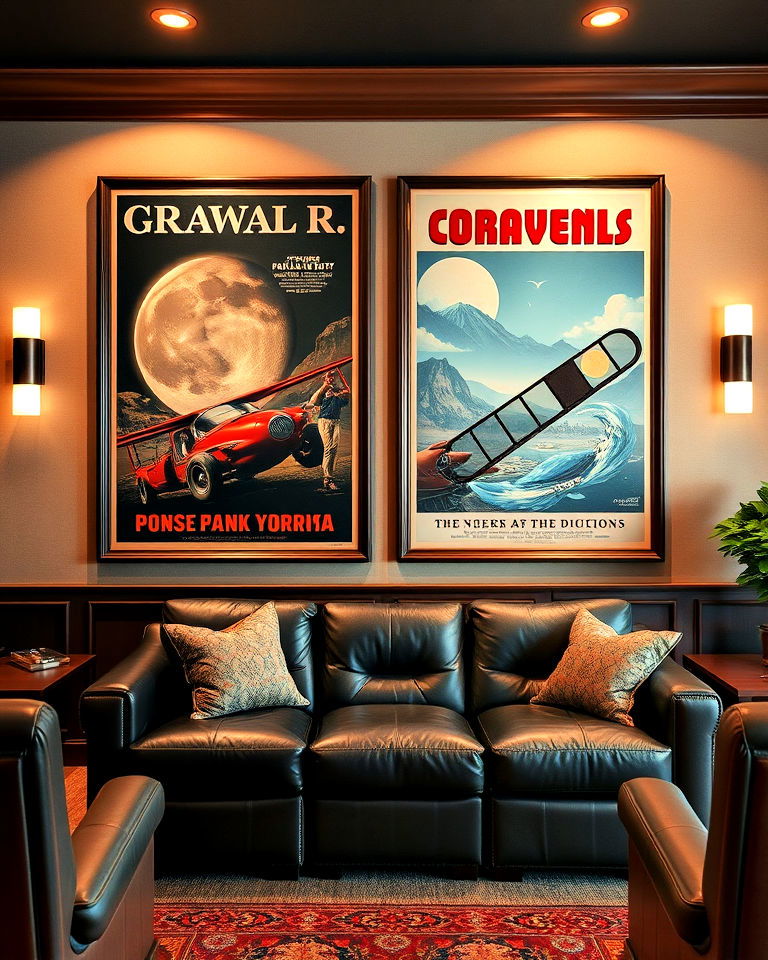 vintage posters in large frames to add charm