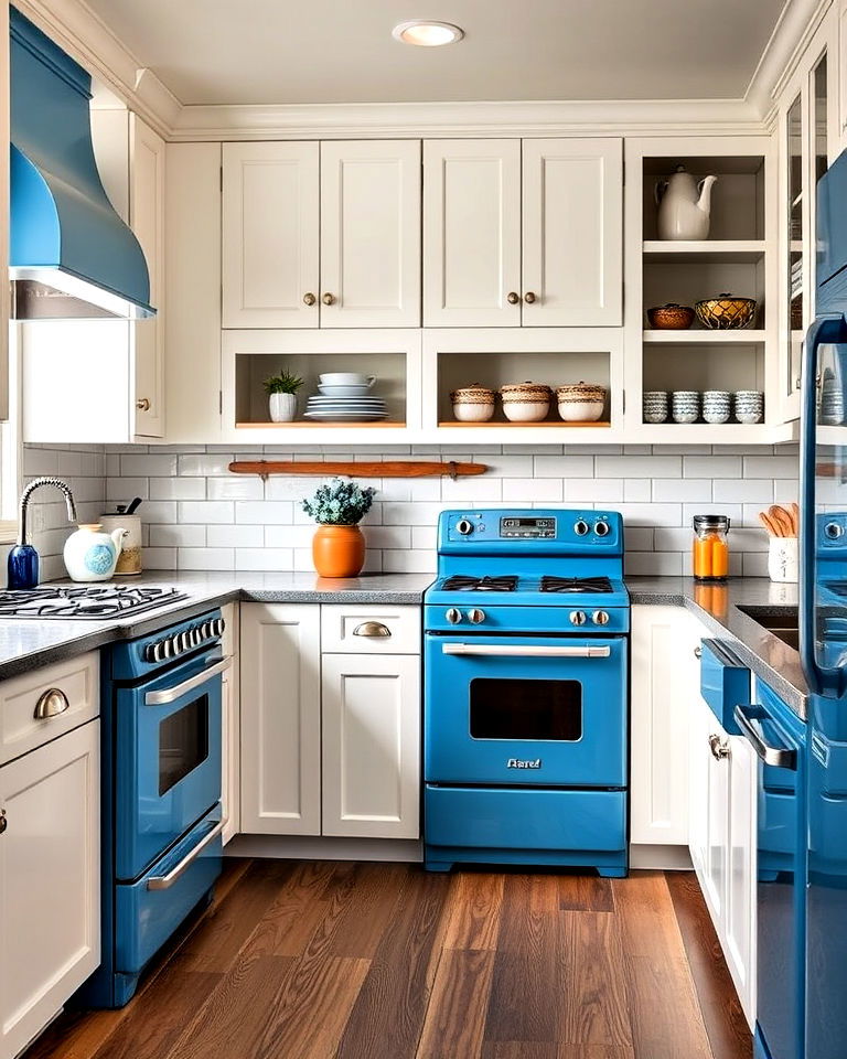 vintage style blue appliances with white cabinets