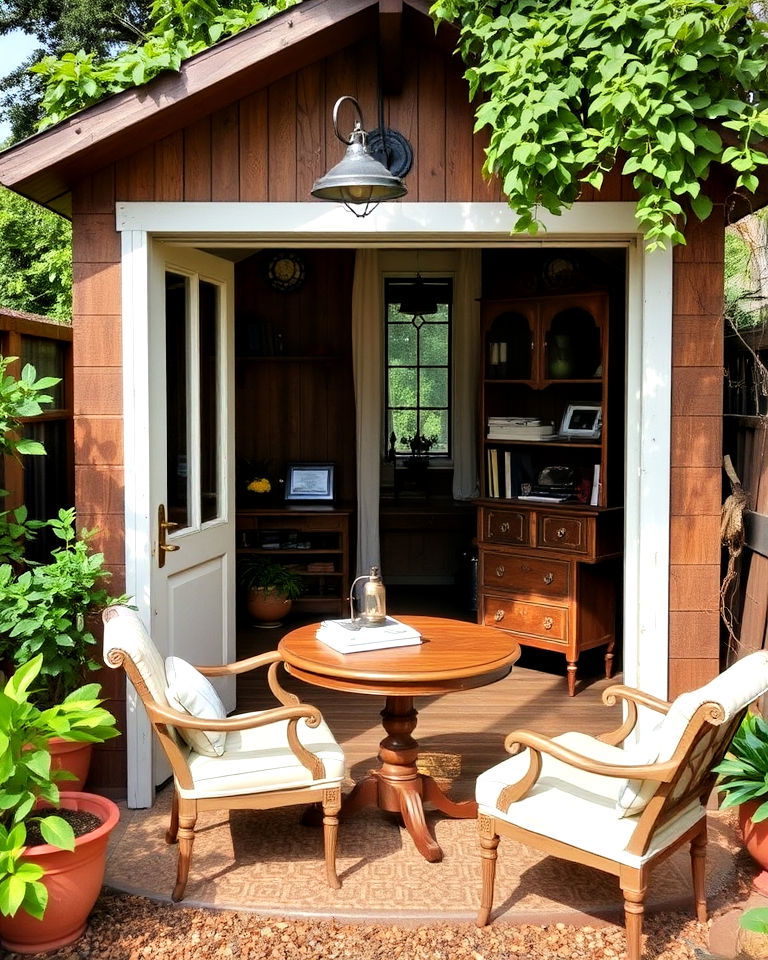 vintage style garden office with reclaimed materials