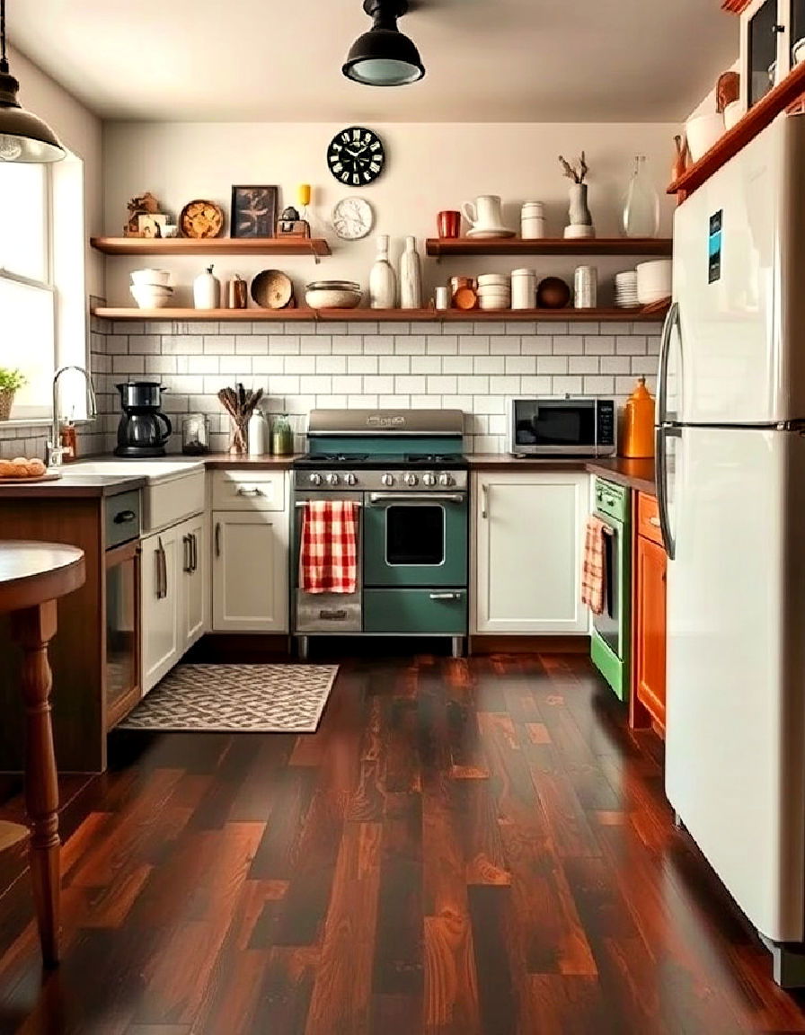 vintage vibe with dark wood floor and retro accents