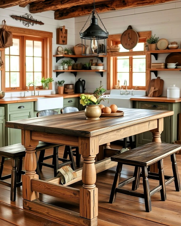vintage wooden table as a kitchen centerpiece