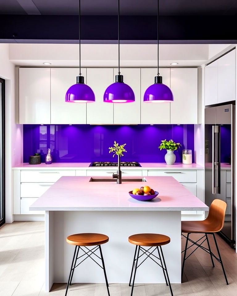 violet pendant lighting above the kitchen island