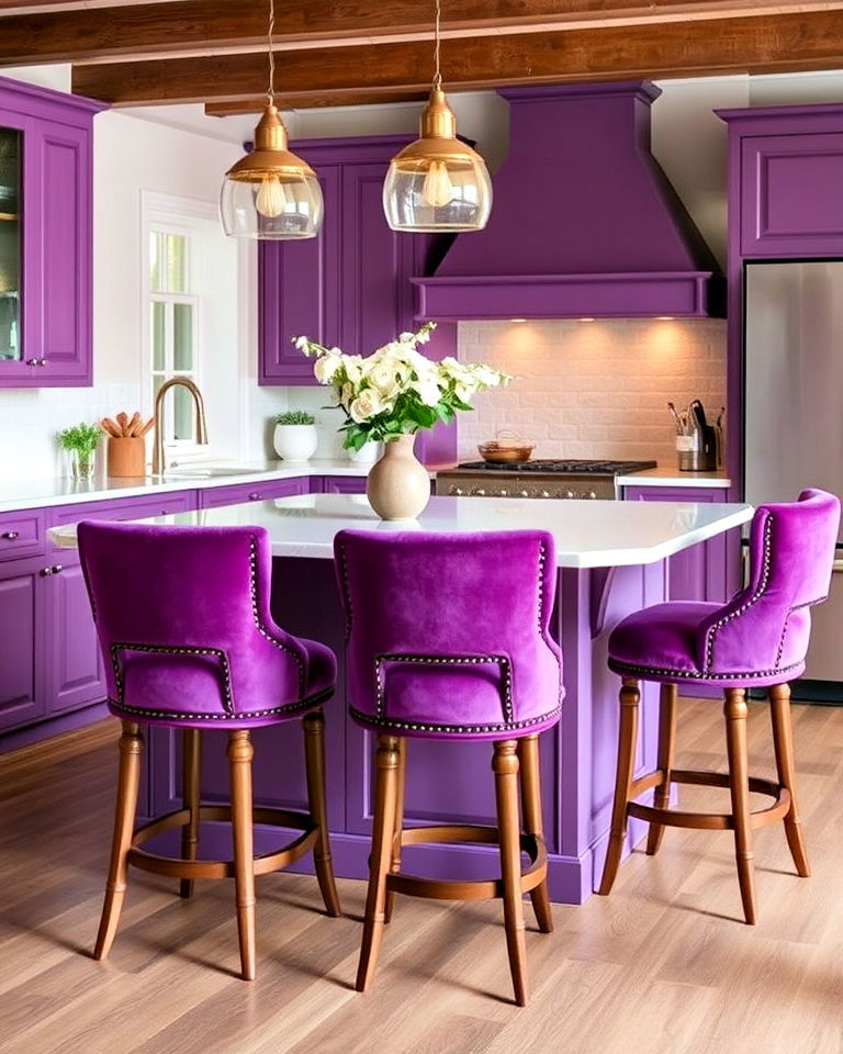 violet upholstered stools around a kitchen island