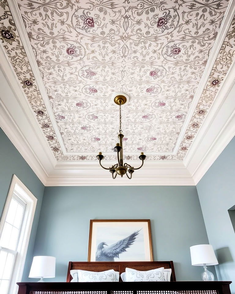 wallpapered tray ceiling for bedroom