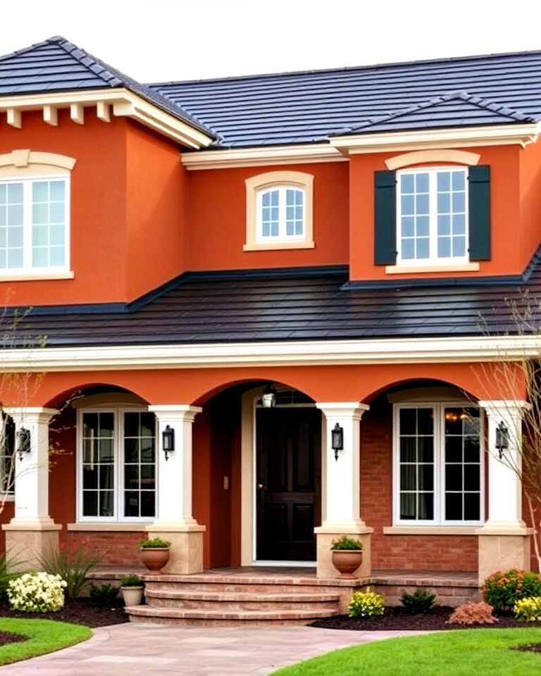 warm terracotta exterior with a striking black roof