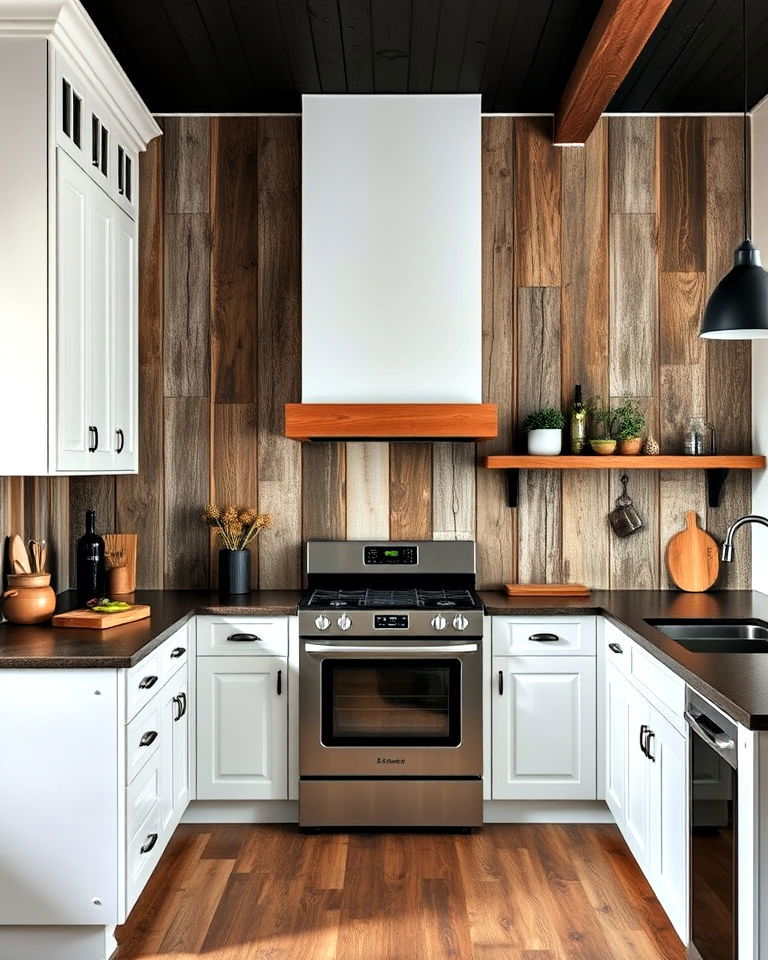 weathered wood panel backsplash