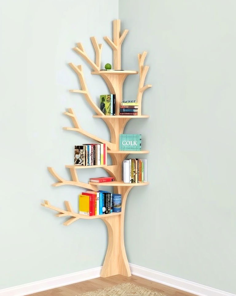 whimsical and creative corner tree bookshelf