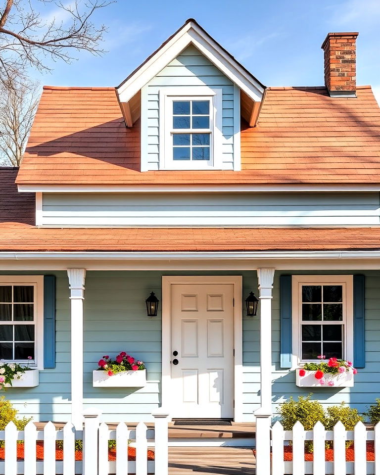 whimsical pastel blue with a light chestnut roof