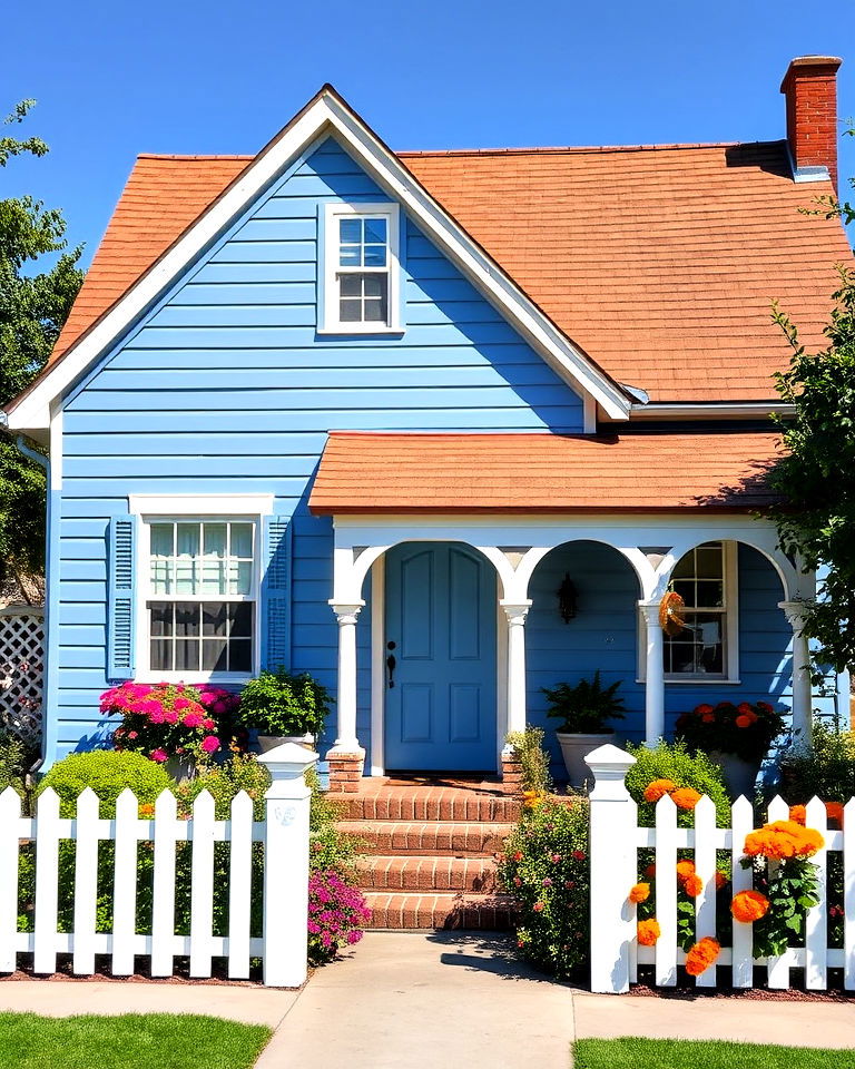 whimsical periwinkle blue with a tawny brown roof