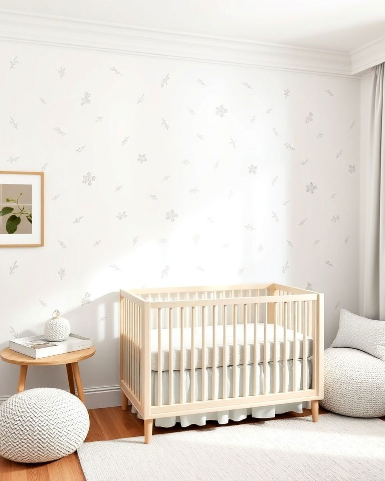 white accent wall nursery with subtle patterns