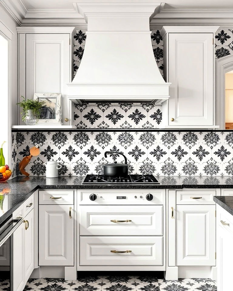 white and black patterned porcelain tiles backsplash