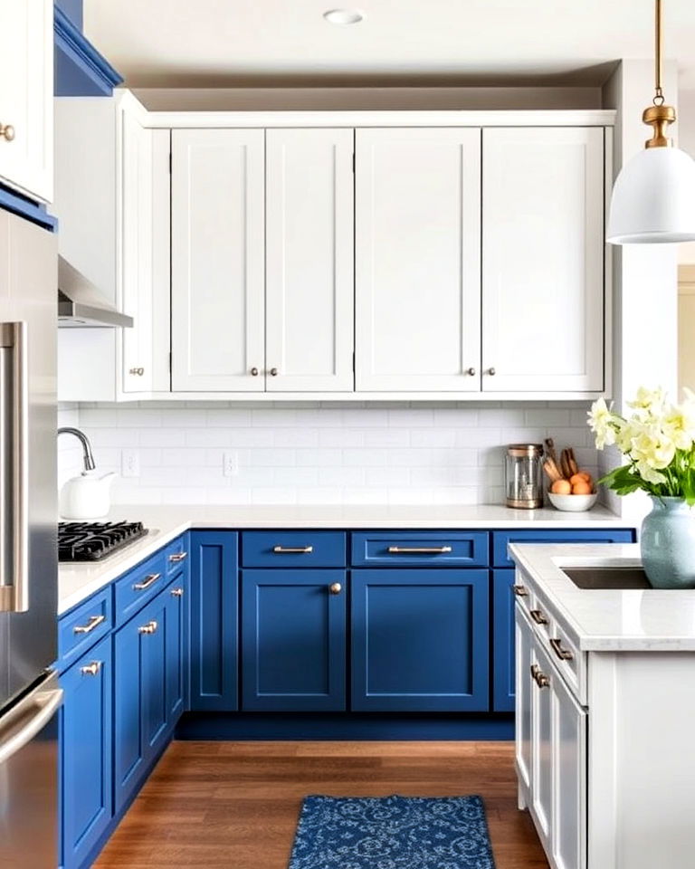 white and blue kitchen cabinets for a balanced look